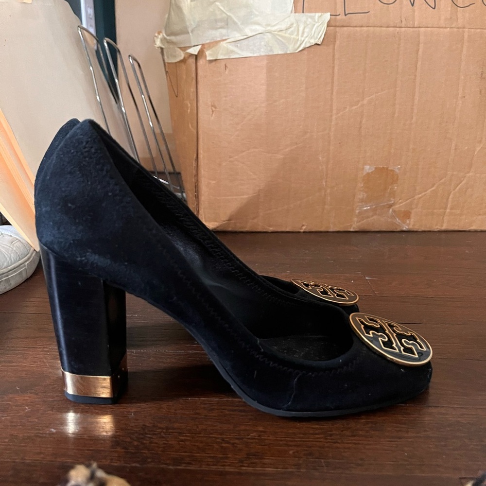 Tory Burch Black Suede Logo Heels with Gold Accents